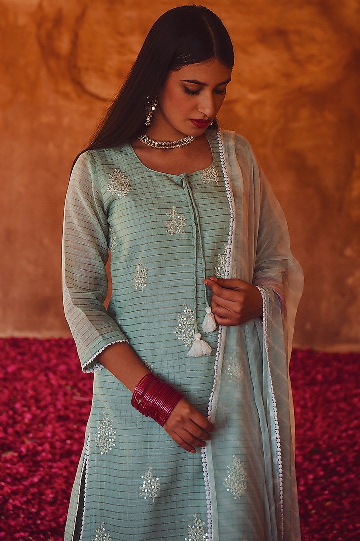 Ocean Blue Embroidered Kurta Set by Karaj Jaipur at Pernia's Pop Up Shop