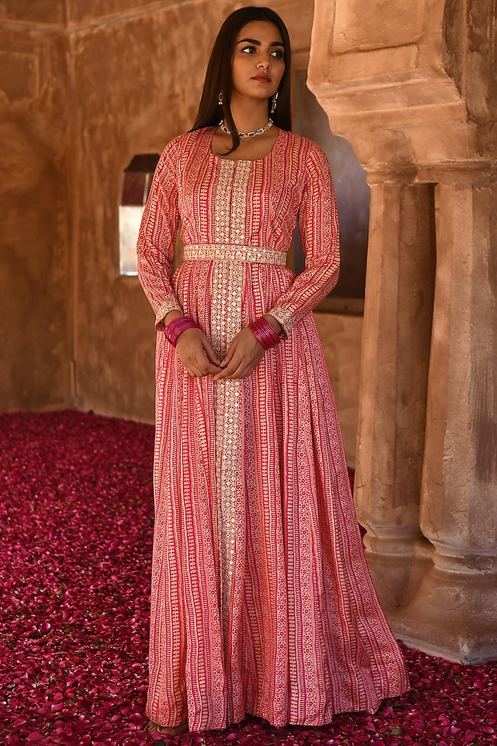 Pink Printed Anarkali Set by Karaj Jaipur