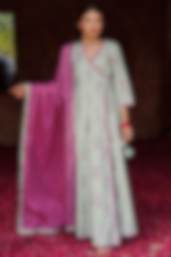 Pista Green Cotton Angrakha Anarkali Set by Karaj Jaipur at Pernia's Pop Up Shop