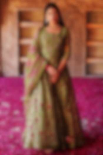 Mehendi Green Embroidered Anarkali Set by Karaj Jaipur at Pernia's Pop Up Shop