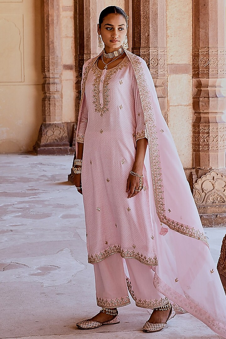 Blush Pink Muslin Dori Embroidered Bandhani Kurta Set by Karaj Jaipur at Pernia's Pop Up Shop