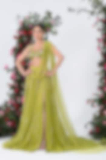 Vibrant Green Net Crystal Embroidered Saree Set by KIRAN KALSI