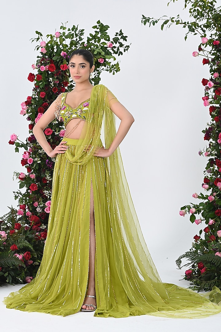 Vibrant Green Net Crystal Embroidered Saree Set by KIRAN KALSI