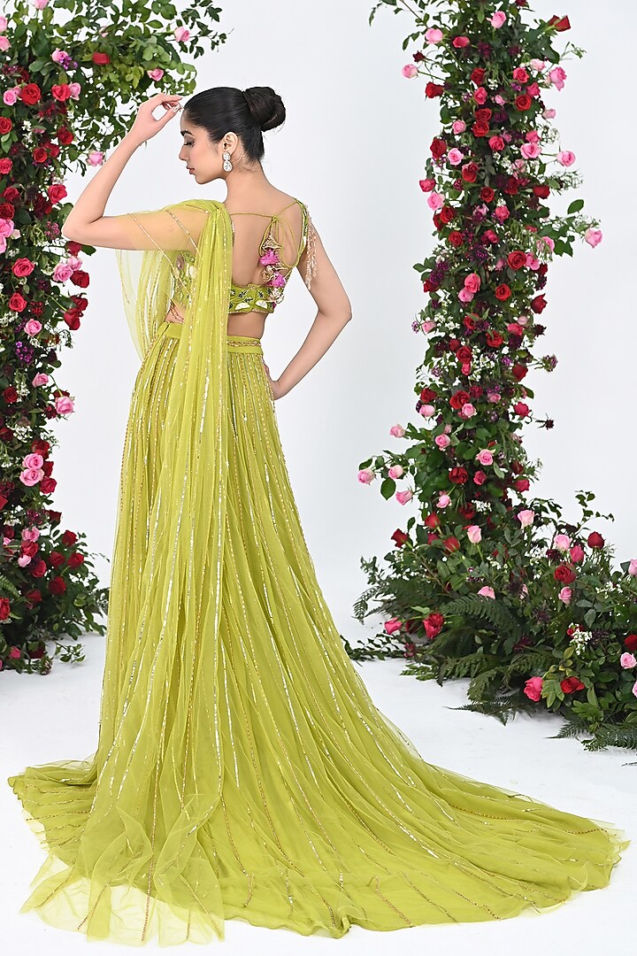 Vibrant Green Net Crystal Embroidered Wedding Saree Set by KIRAN KALSI at Pernia's Pop Up Shop