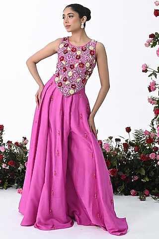 Rose Pink Raw Silk Sharara Set by KIRAN KALSI