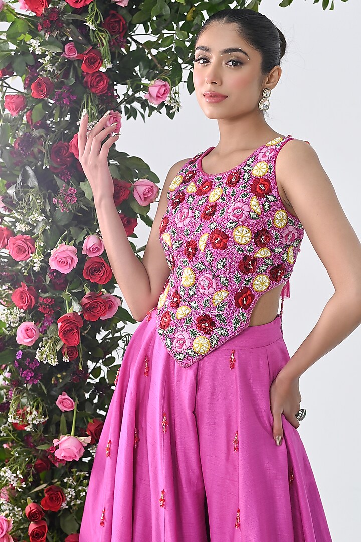 Rose Pink Raw Silk Wedding Sharara Set by KIRAN KALSI at Pernia's Pop Up Shop