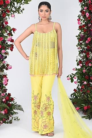 Yellow Crepe Fringed Crystal Kurta Set by KIRAN KALSI