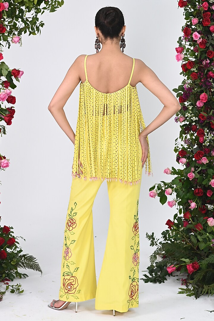 Yellow Crepe Fringed Crystal Kurta Set by KIRAN KALSI at Pernia's Pop Up Shop