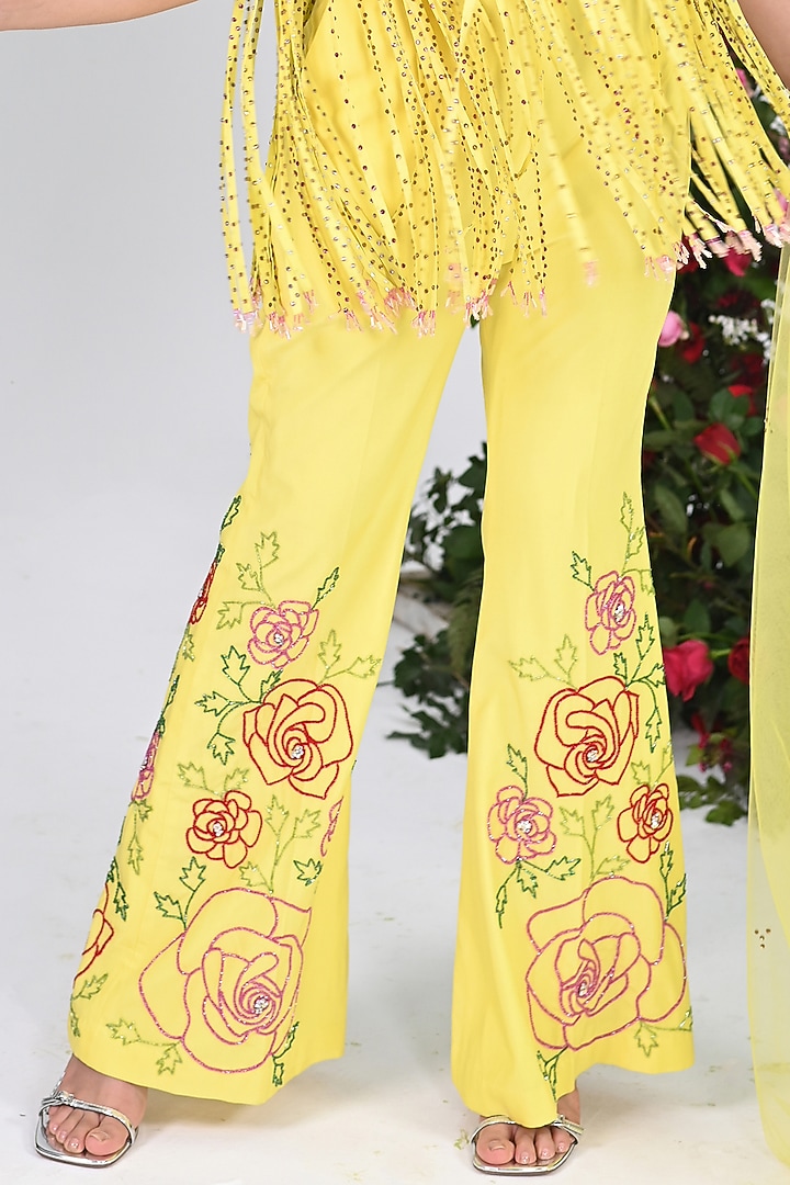 Yellow Crepe Fringed Crystal Kurta Set by KIRAN KALSI at Pernia's Pop Up Shop