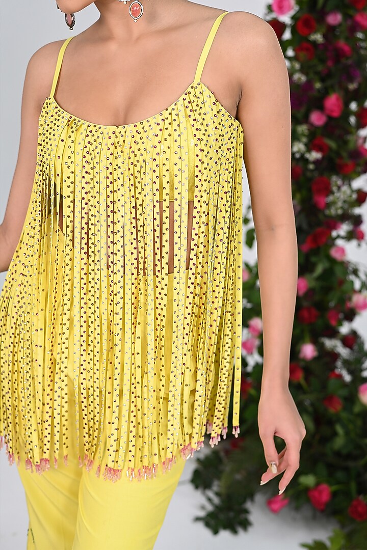 Yellow Crepe Fringed Crystal Kurta Set by KIRAN KALSI at Pernia's Pop Up Shop