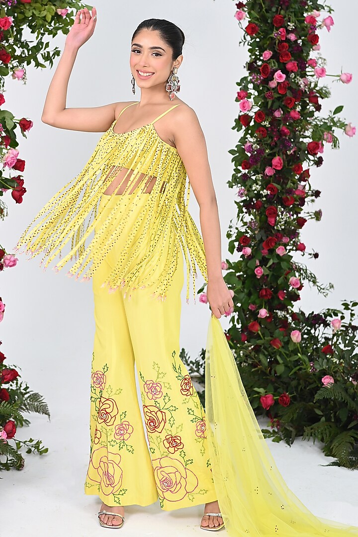 Yellow Crepe Fringed Crystal Kurta Set by KIRAN KALSI at Pernia's Pop Up Shop