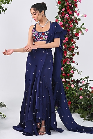 Midnight Blue Organza Satin Pre-Draped Saree Set by KIRAN KALSI