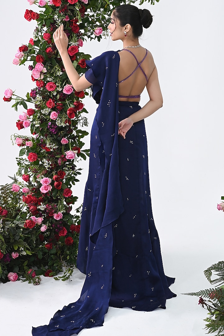 Midnight Blue Organza Satin Pre-Draped Wedding Saree Set by KIRAN KALSI at Pernia's Pop Up Shop