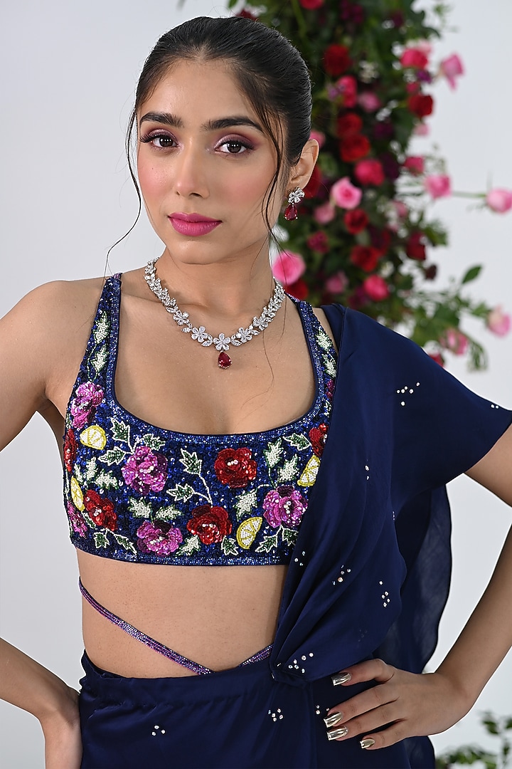 Midnight Blue Organza Satin Pre-Draped Wedding Saree Set by KIRAN KALSI at Pernia's Pop Up Shop