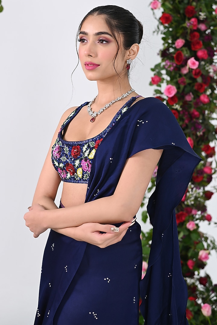 Midnight Blue Organza Satin Pre-Draped Wedding Saree Set by KIRAN KALSI at Pernia's Pop Up Shop