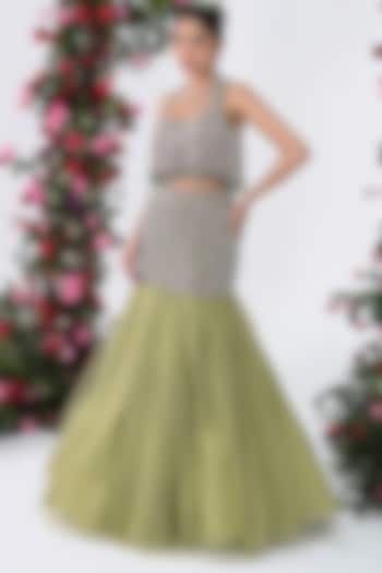 Light Green Net Long Skirt Set by KIRAN KALSI