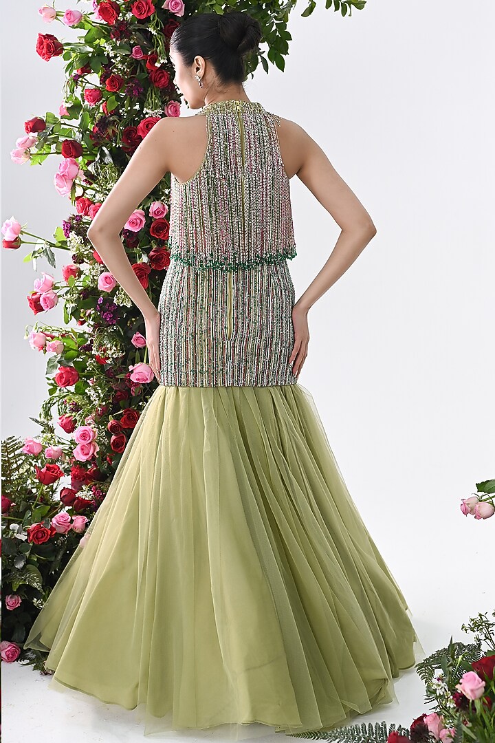 Light Green Net Long Skirt Set by KIRAN KALSI at Pernia's Pop Up Shop