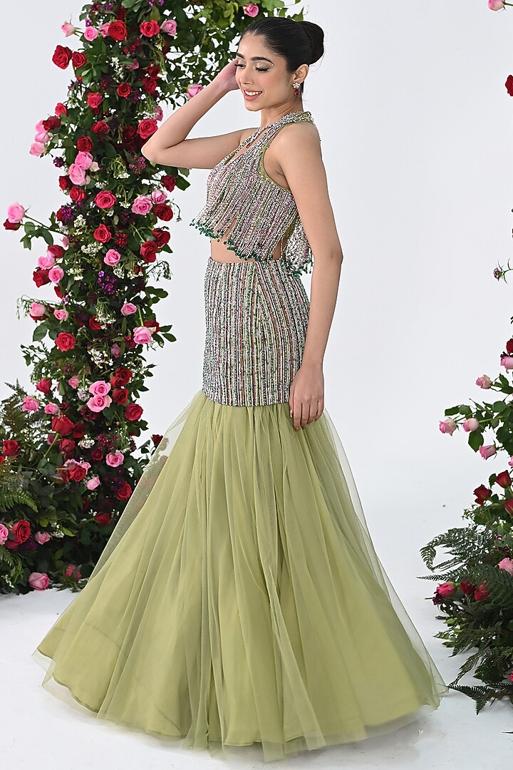 Light Green Net Long Skirt Set by KIRAN KALSI at Pernia's Pop Up Shop