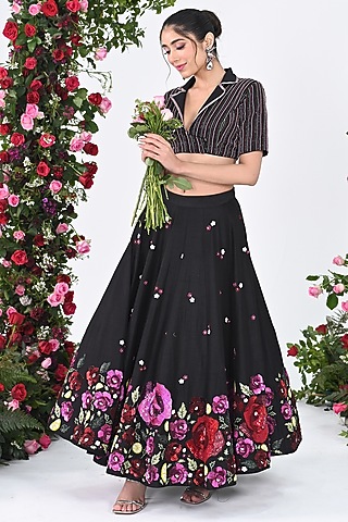 Black Raw Silk Hand Embroidered Lehenga Set by KIRAN KALSI