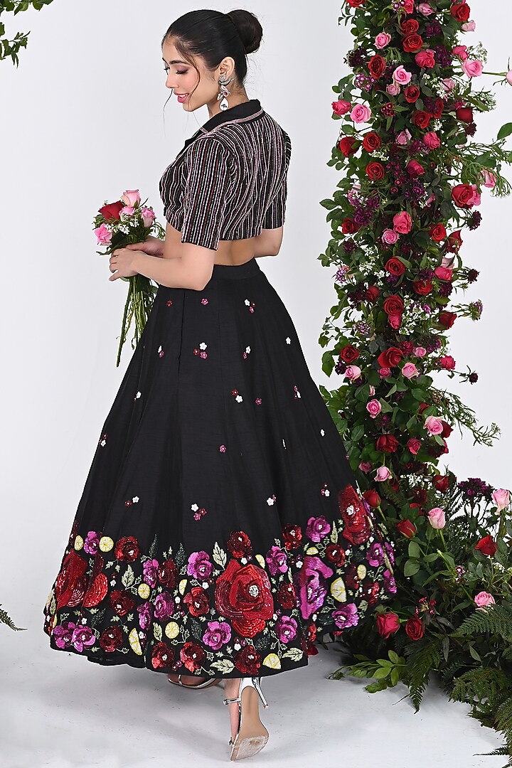 Black Raw Silk Hand Embroidered Wedding Lehenga Set by KIRAN KALSI at Pernia's Pop Up Shop