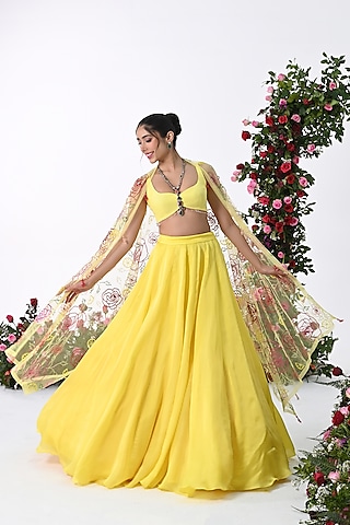 Yellow Satin Organza Lehenga Set by KIRAN KALSI