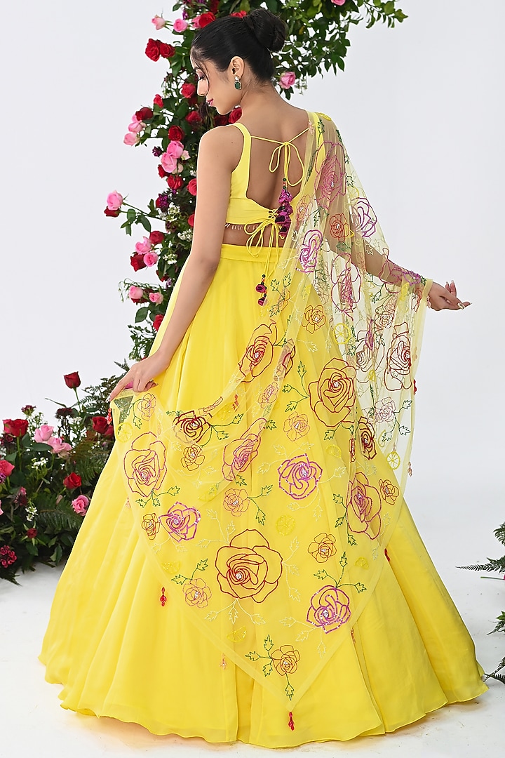 Yellow Satin Organza Wedding Lehenga Set by KIRAN KALSI at Pernia's Pop Up Shop