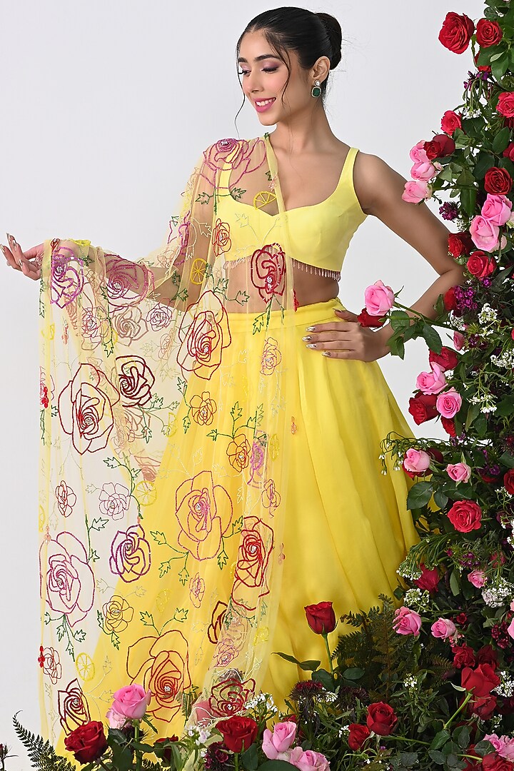Yellow Satin Organza Wedding Lehenga Set by KIRAN KALSI at Pernia's Pop Up Shop