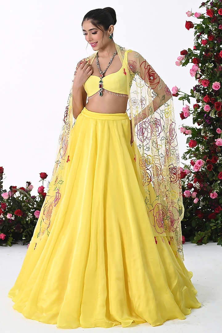 Yellow Satin Organza Wedding Lehenga Set by KIRAN KALSI at Pernia's Pop Up Shop