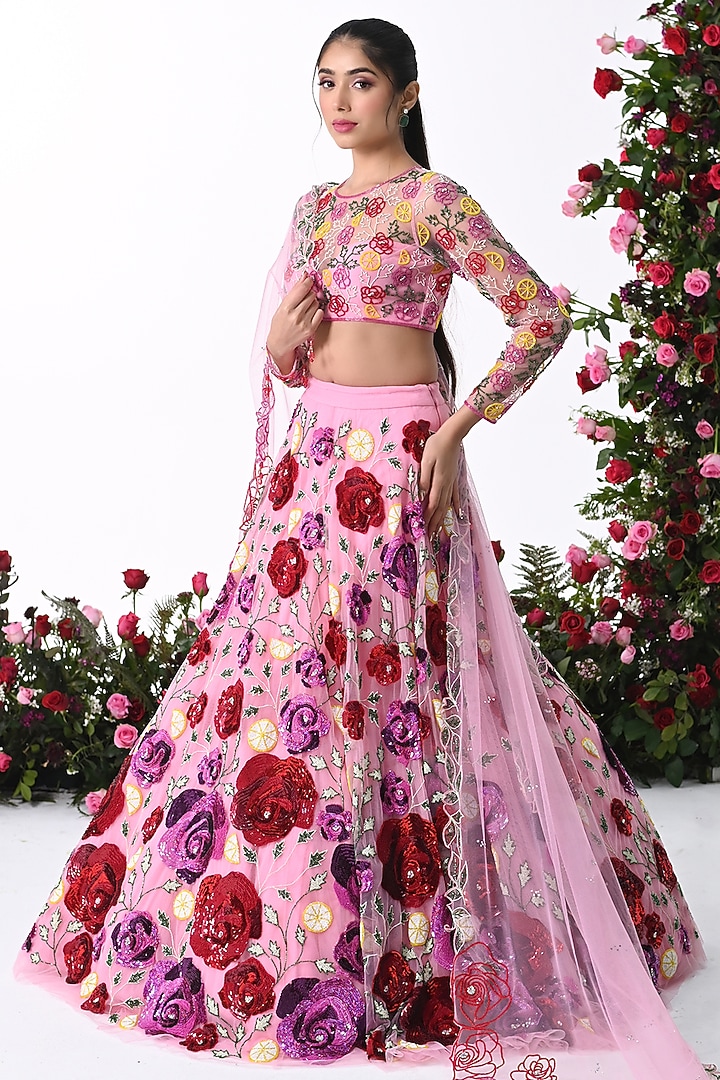 Baby Pink Net Hand Embroidered Bridal Lehenga Set by KIRAN KALSI at Pernia's Pop Up Shop