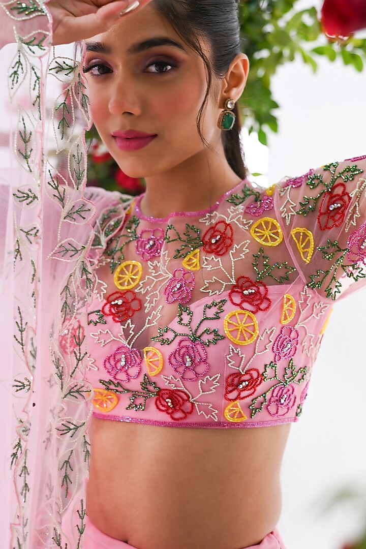 Baby Pink Net Hand Embroidered Bridal Lehenga Set by KIRAN KALSI at Pernia's Pop Up Shop