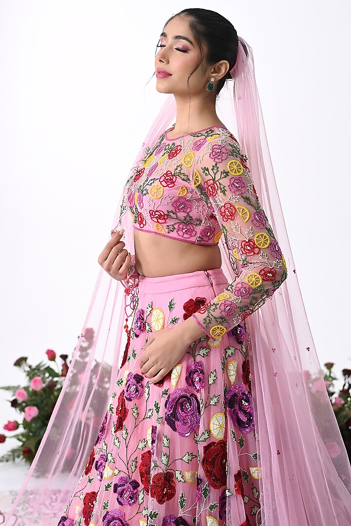 Baby Pink Net Hand Embroidered Bridal Lehenga Set by KIRAN KALSI at Pernia's Pop Up Shop