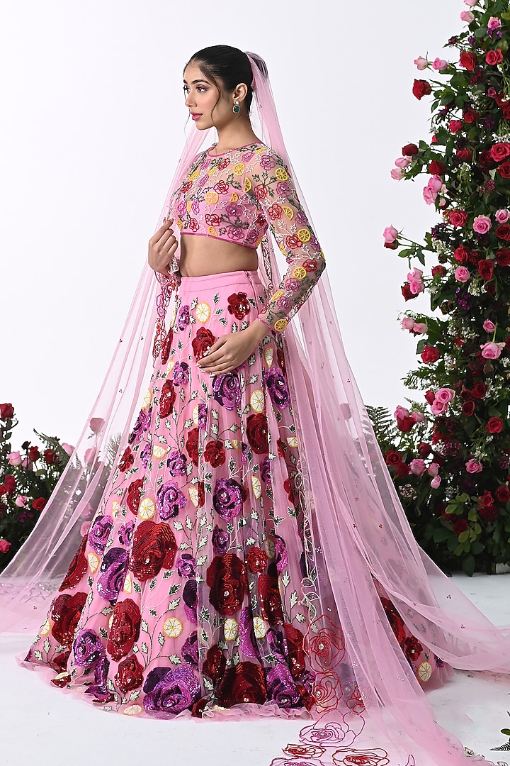 Baby Pink Net Hand Embroidered Bridal Lehenga Set by KIRAN KALSI at Pernia's Pop Up Shop