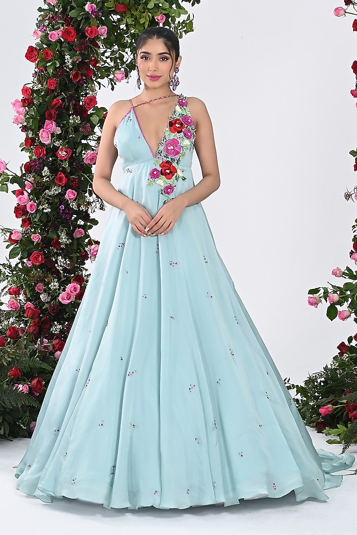 Tiffany Blue Satin Organza Hand Embroidered Gown by KIRAN KALSI