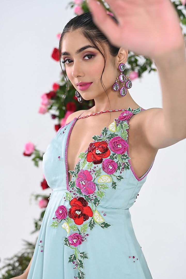 Tiffany Blue Satin Organza Hand Embroidered Engagement Gown by KIRAN KALSI at Pernia's Pop Up Shop