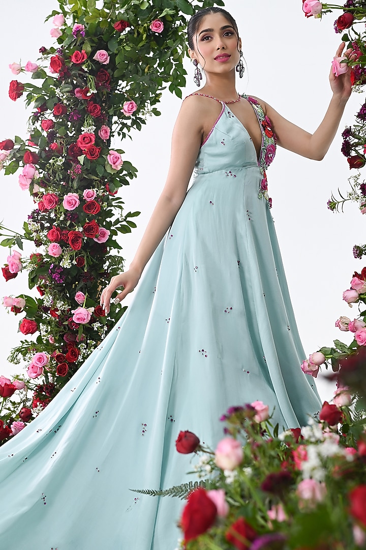 Tiffany Blue Satin Organza Hand Embroidered Gown by KIRAN KALSI at Pernia's  Pop Up Shop 2026