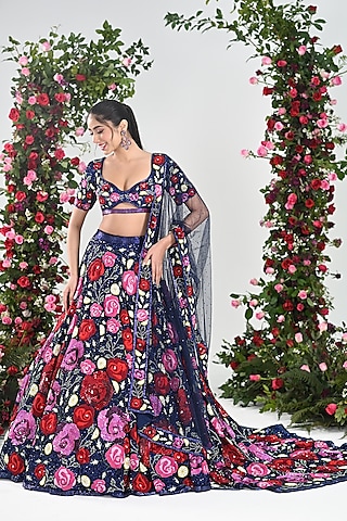 Navy Blue Net Hand Embroidered Lehenga Set by KIRAN KALSI