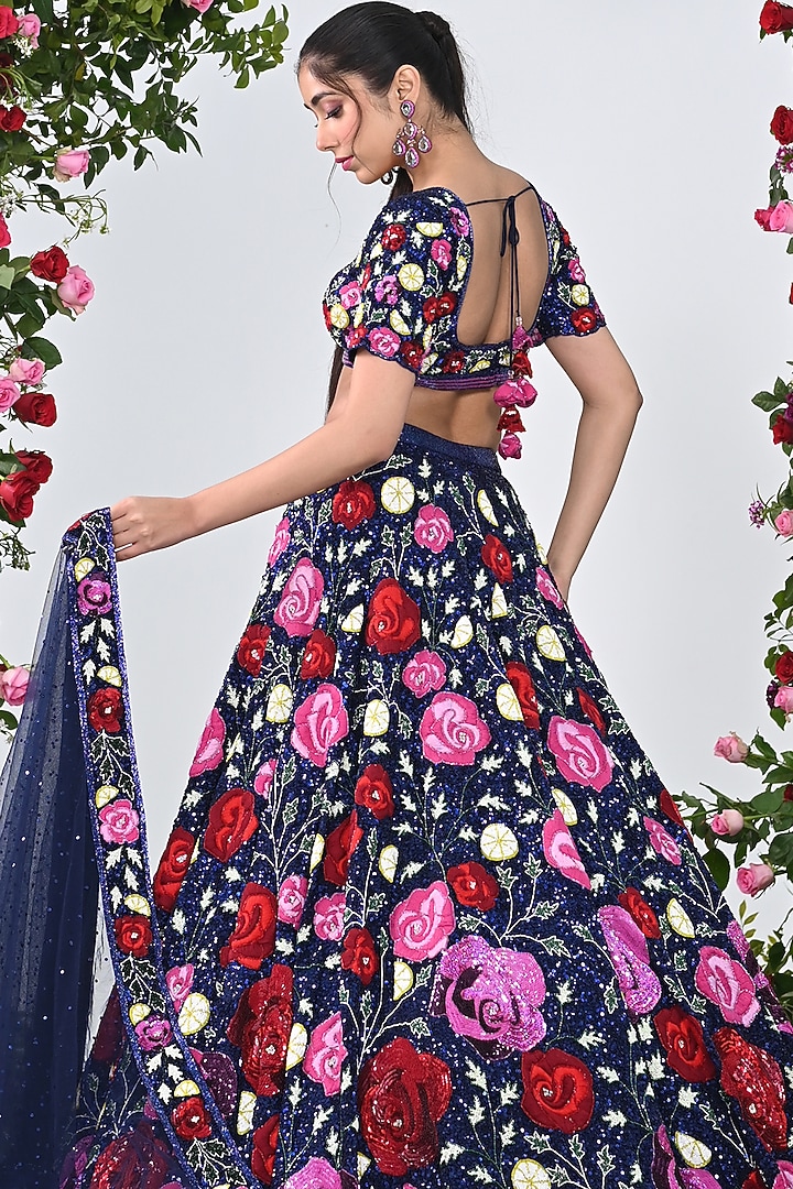 Navy Blue Net Hand Embroidered Bridal Lehenga Set by KIRAN KALSI at Pernia's Pop Up Shop