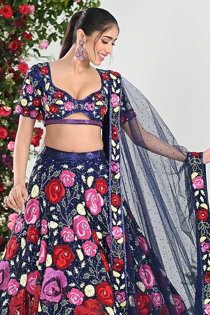 Navy Blue Net Hand Embroidered Bridal Lehenga Set by KIRAN KALSI at Pernia's Pop Up Shop