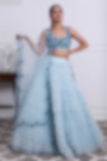 Icy Blue Tulle Embroidered Lehenga Set by KIRAN KALSI