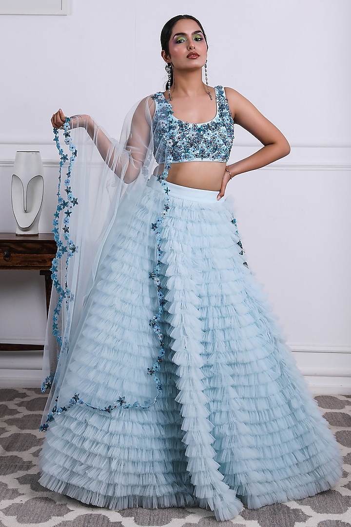 Icy Blue Tulle Embroidered Lehenga Set by KIRAN KALSI