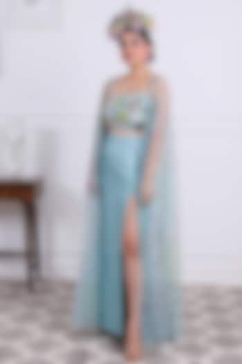 Aqua Blue Tulle Embroidered Cape Set by KIRAN KALSI at Pernia's Pop Up Shop