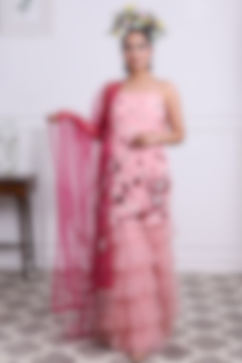 Pink Tulle Embroidered Sharara Set by KIRAN KALSI