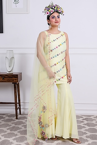 Lemon Yellow Crepe Sharara set by KIRAN KALSI