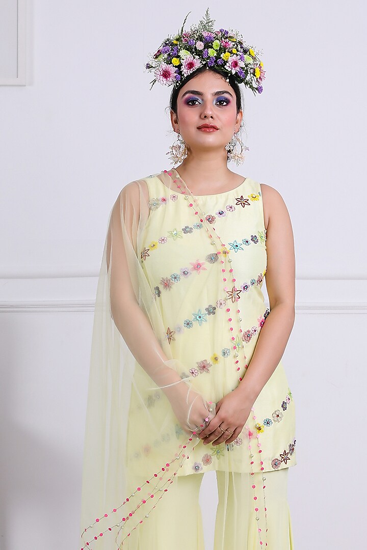 Lemon Yellow Crepe Wedding Sharara set by KIRAN KALSI at Pernia's Pop Up Shop