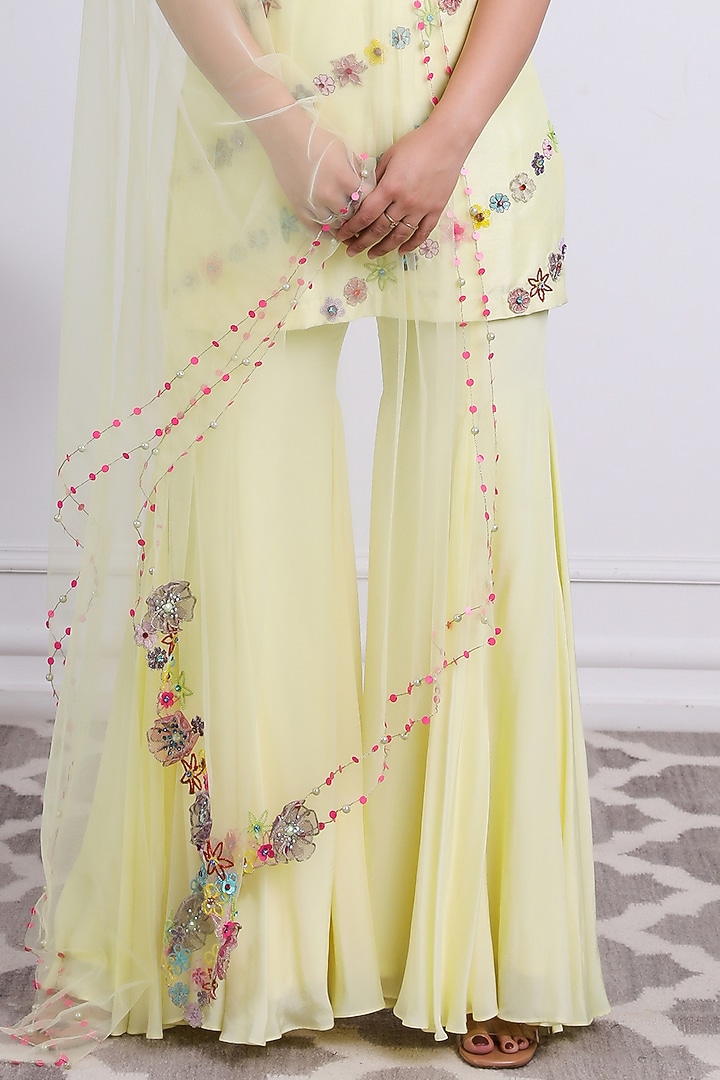 Lemon Yellow Crepe Wedding Sharara set by KIRAN KALSI at Pernia's Pop Up Shop