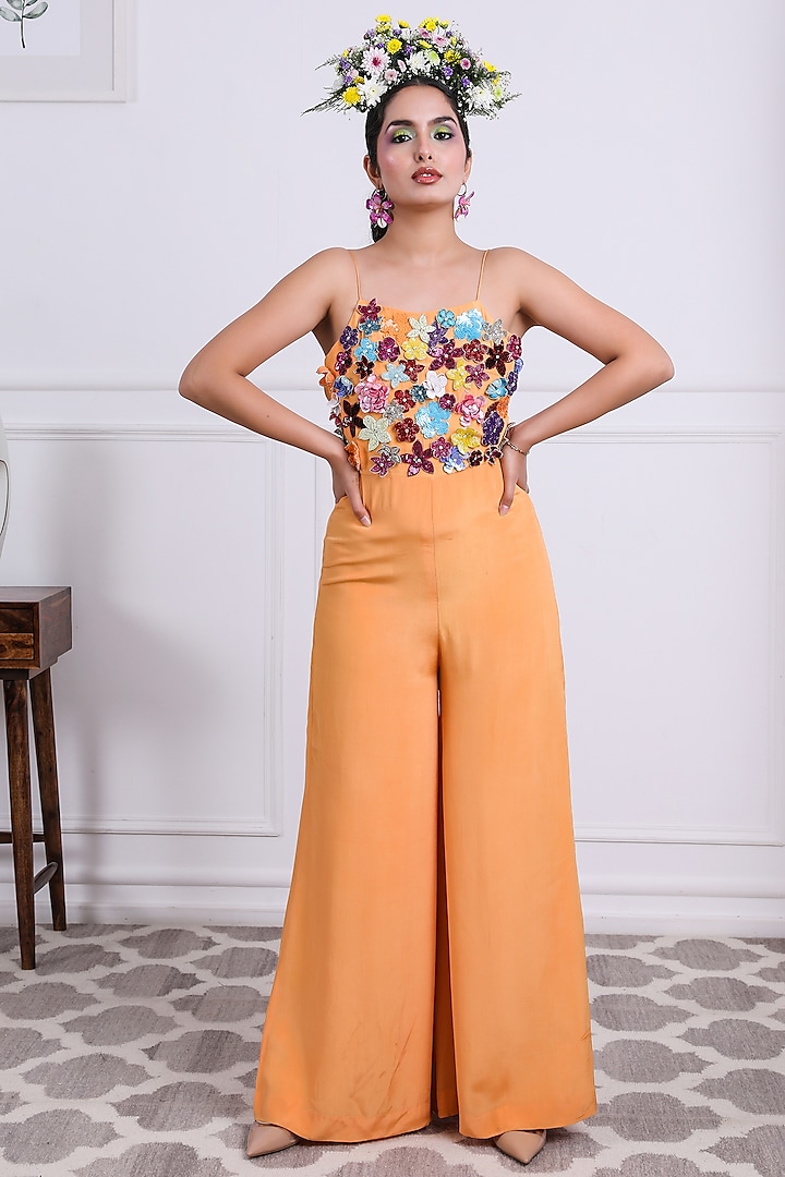 Orange Crepe Embellished Jumpsuit by KIRAN KALSI