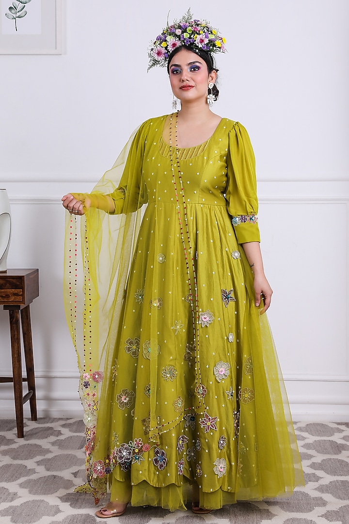 Olive Green Hand Embroidered Wedding Anarkali Set by KIRAN KALSI at Pernia's Pop Up Shop