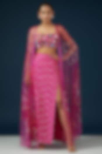 Rani Pink Net & Tulle Embroidered Cape Set by KIRAN KALSI