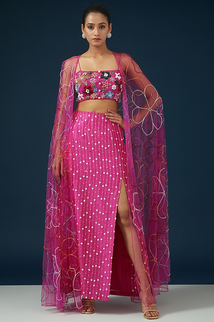 Rani Pink Net & Tulle Embroidered Cape Set by KIRAN KALSI
