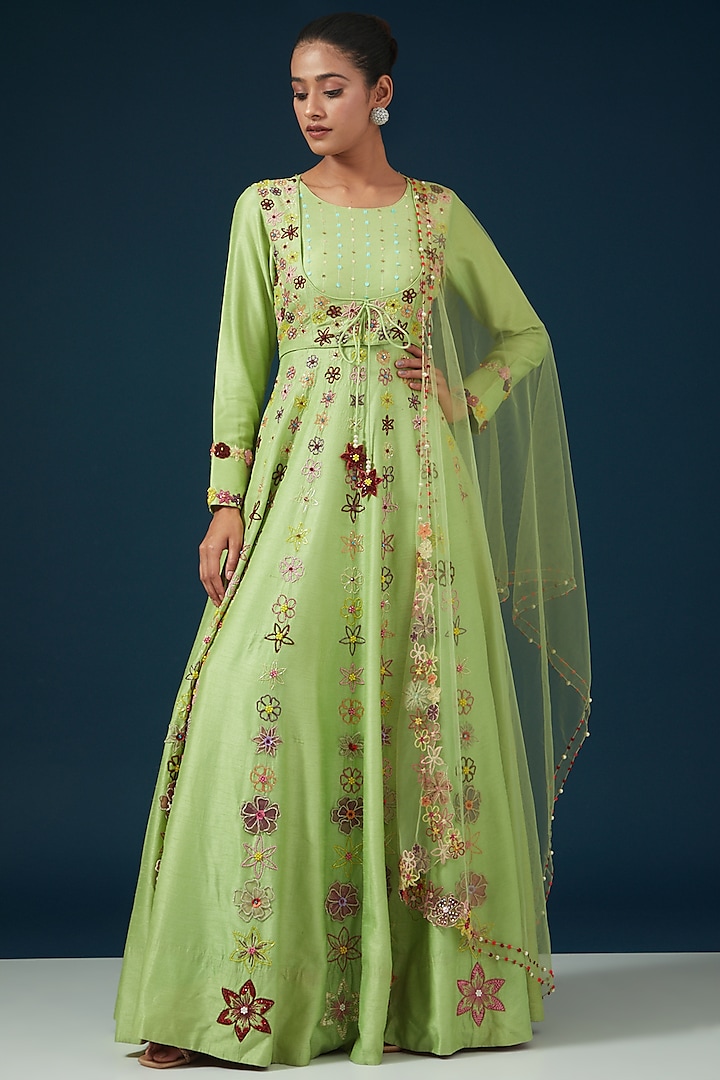 Green Raw Silk Embroidered Anarkali Set by KIRAN KALSI
